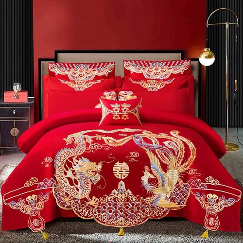 新婚慶典 大紅全棉龍鳳刺繡床上用品，傳統(tǒng)與品質(zhì)的完美融合